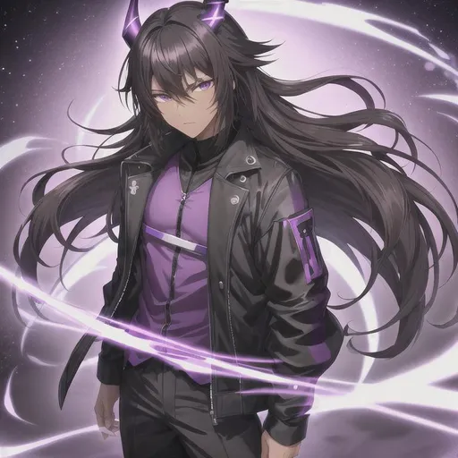 Prompt: anime boy mature brown skin black hair black and purple horns purple eyes icy smug death stare arms crossed jacket black magic