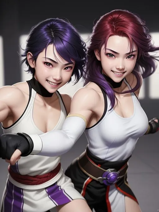 Prompt: small flat nose, 16yo twins, intricate battle attire, martial artist, fighting pose, excited, grin, fingerless gloves, ombre black-blue-purple-red hair, long hair, busty, pale skin, by makoto shinkai, stanley artgerm lau, wlop, rossdraws, concept art, digital painting,