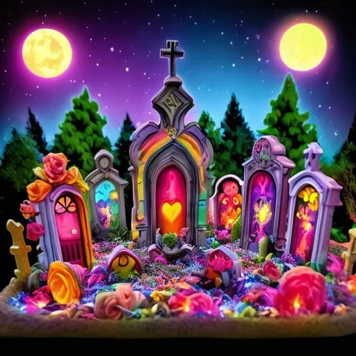 Prompt: Lisa frank style graveyard at night diorama