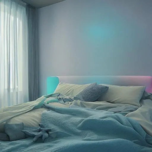 Prompt: Cosy moderm bedrom, octane render, by weta digital, cool coloful and pastel, ray traced lighting and reflections, by studio ghibi style, dreamy, soft color, soft teextures