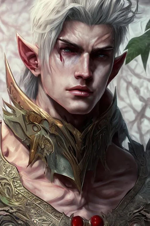 Prompt: High detailed portrait, digital art style, comic book style, anime style, male character, sharp jawline fantasy world, elf ear, short white hair, male, warrior, blushed face, red eyes, by greg rutkowski and alphonse mucha, sharp focus,  green scale
