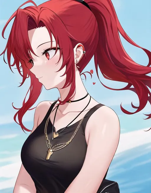 Prompt: Haley with bright red hair pulled back, side profile, wearing a heart locket