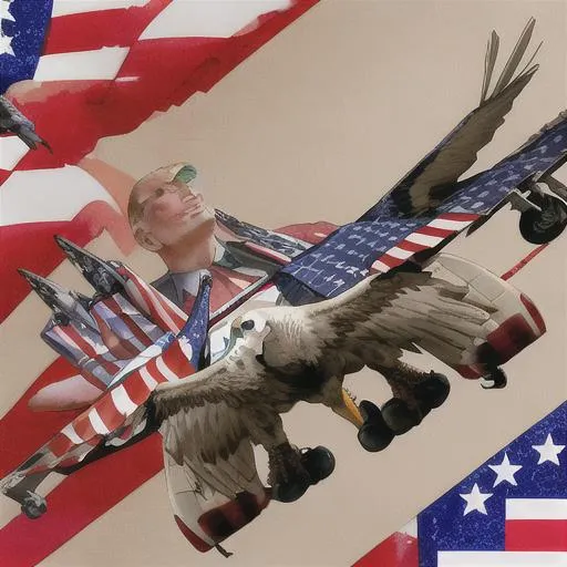 Prompt: Donald trump smiles, fighter jets , bald eagle, usa, freedom, Donald trump, American flag, money power, optimus prime





