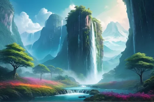 Prompt: Futuristic landscapes with water fall, mountains, forests