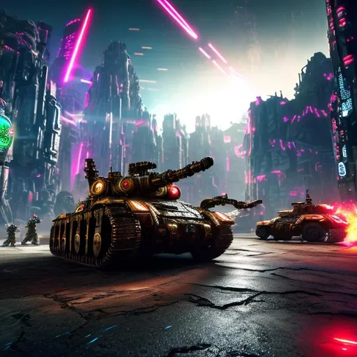 Prompt: HDR Cyber punk world with realistic laser canyon tanks shooting a cyber punk city