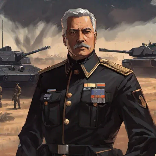 Prompt: A male scifi general in black 20th century black uniform. middle-aged man. Fierce. In background a squad of tanks and a military base. rpg art. 2d. 2d art.
