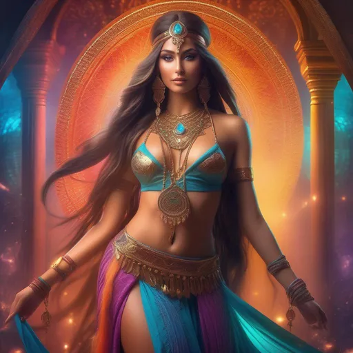 Prompt: Gorgeous, stunning, beautiful, otherworldly goddess with long braided hair wearing a body chain and belly dancer costume, full body, centered, fantasy setting, cinematic, colorful background, concept art, dramatic lighting, highly detailed, hyper realistic, intricate sharp details, octane render, smooth, studio lighting, trending on art station