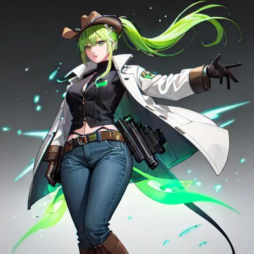 Prompt: She has a long, distinctive neon-green that fades to neon-blue hair in a ponytail, heterochromia eyes, wearing a long brown coat, grey vest, denim pants, black cowboy boots, holding a pistol, wearing a brown sheriff's cowboy hat
