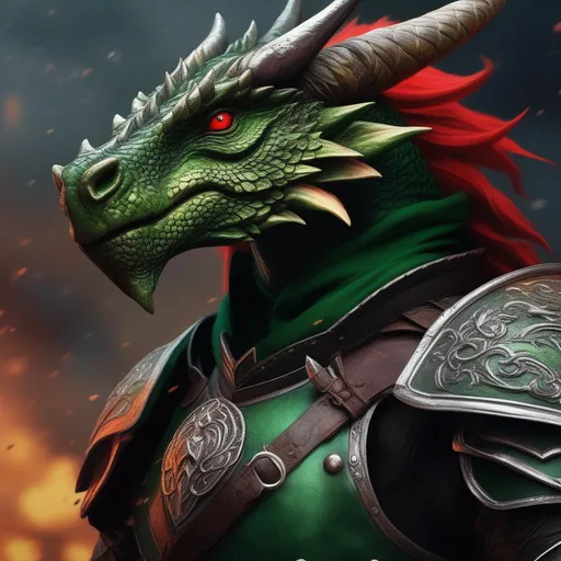 Prompt: A beautiful green and black Dragonborn, with a bright red scar on the right eye, Locked in sword fighting against a human, perfect composition, hyperrealistic, super detailed, 8k, high quality, trending art, trending on artstation, sharp focus, studio photo, intricate details, highly detailed, by Greg Rutkowski, illustration, watercolor