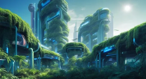 Prompt: Futuristic City Lush Green Overgrown Plants Light Blue Sky High Resolution