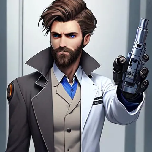 Prompt: male, brown hair with a grey streak, brown beard stubbles, blue eye, robotic right arm and leg, wearing a labcoat, young, holding a gun