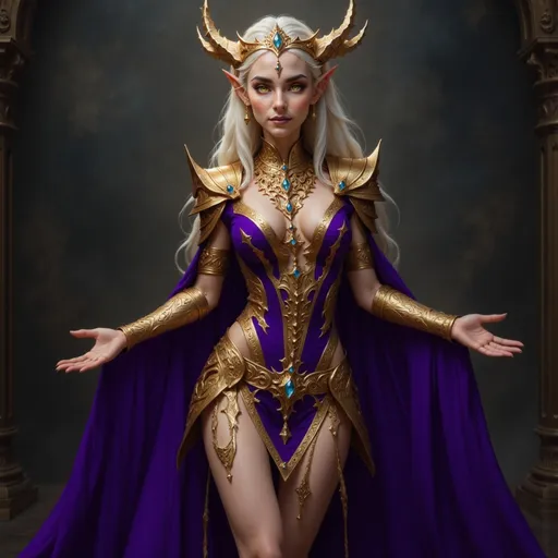 Prompt:  @VITLFRBSebJkkO8huw5E adorned in purple lavish, intricate royal attire, exuding an air of power and elegance, adorned with ornate jewelry and accessories, set against a dramatic, shadowy background, evoking a sense of mystique and allure, high detail, vibrant colors, fantasy realm ambiance.