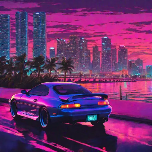 Prompt: 1994 toyota supra, synthwave, aesthetic cyberpunk, miami, highway, dusk, neon lights, coastal