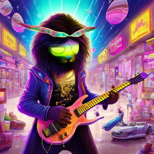 Prompt: Assyrian shedu playing a double-necked Guitar for spare change in a busy alien mall, widescreen, infinity vanishing point, galaxy background, surprise easter egg