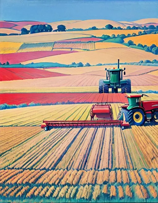 Prompt: edward hopper style, colorful fields, blue fields, harvesting, realistic sizes, tillage, tractor doing tillage