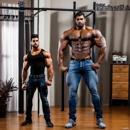 Prompt: A giant 10x tall handsome muscular model bodybuilder fills the room 