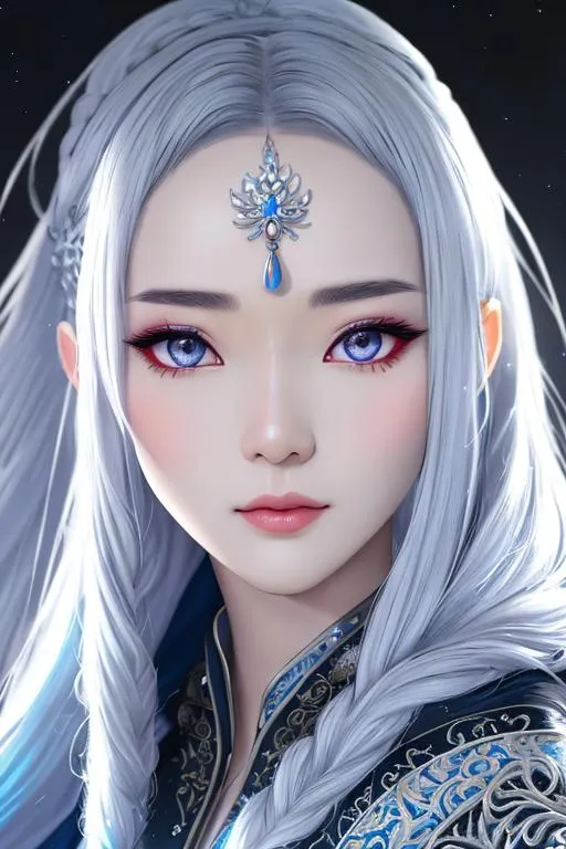 Prompt: 1 girl, close-up photo for a asian mythical beautiful woman [Yoona:Lee Ji-eun], silver white flowing long hair with symmetric braids, cool grayish blue long eye, straight nose, detailed perfect face, pale skin, cool expression, black background, rim light, back light. she wears a colorful magical robe with intricated design, with ghostly accessories and tattoo, the trend of artstation fantastic style.