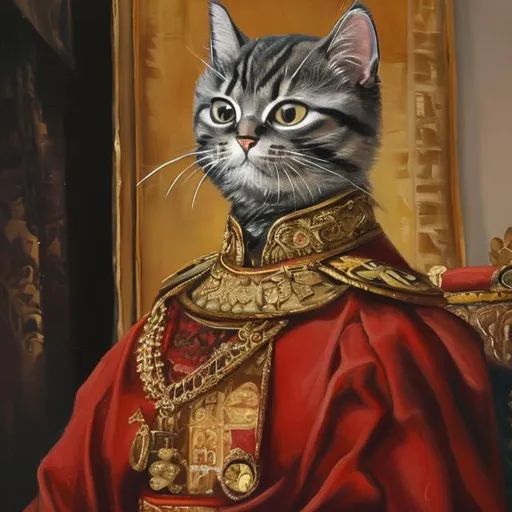 Prompt: An oil painting of a cat dressed as a emperor
