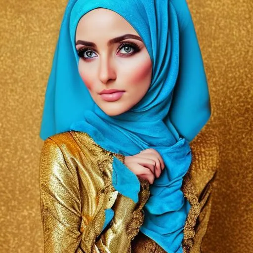 Prompt: beautiful Syrian woman + hijab + bright blue eyes + slight smile + slight smile + innocent look + soft light + velvet dress intricate gold detailing + smooth + portrait photography + super detailed