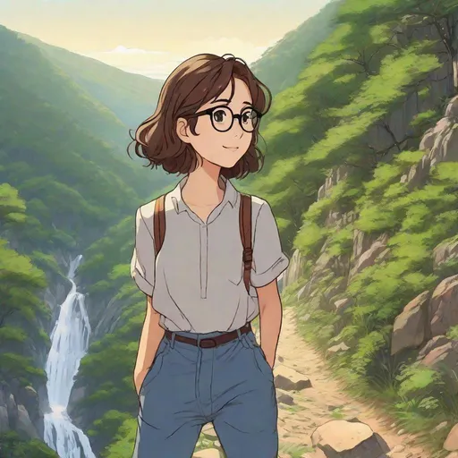 Prompt: Third person, gameplay, high quality, feminine man, wavy brown hair, brown eyes, glasses, glasses, nice shirt with cuffed jeans and converse sneakers, cool atmosphere, hiking on a scenic trail, cool atmosphere, anime style, manga style, Studio Ghibli, extremely detailed print by Hayao Miyazaki, 