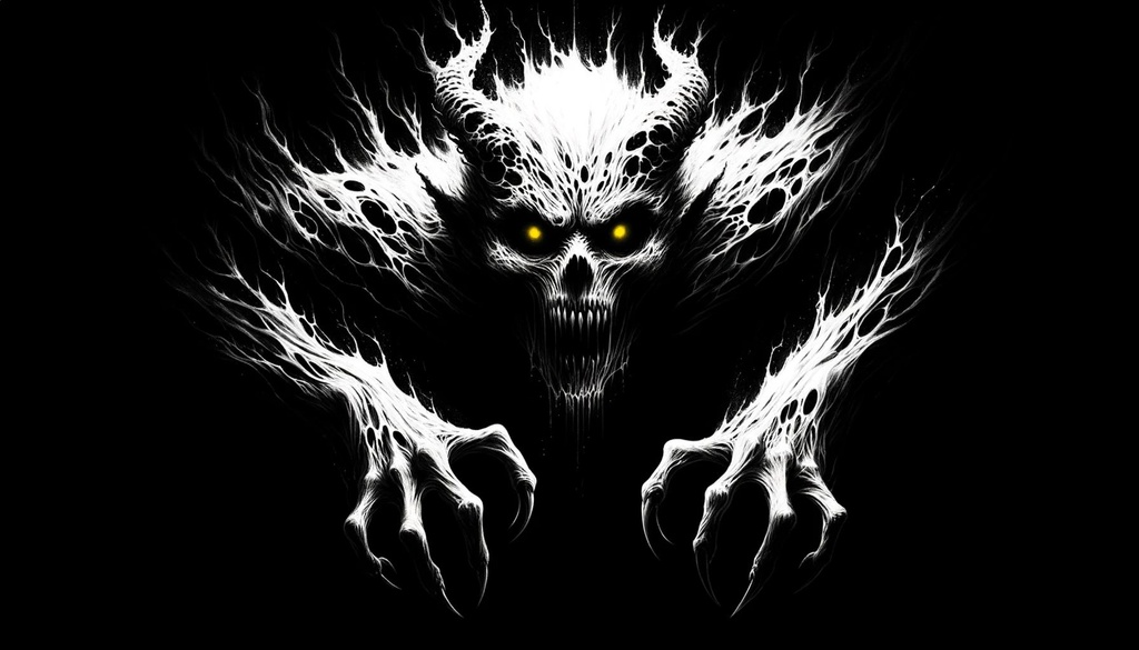 Prompt: Artistic representation in white on black where a demon rises from the dark depths. The stark contrast emphasizes the creature's eerie silhouette, with its intense yellow eyes glowing ominously.