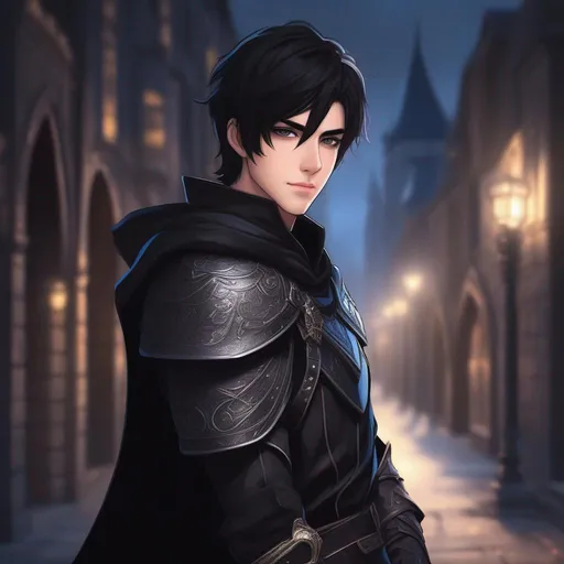 Prompt: Human Emo, Hot, Beautiful Arched Eyebrows, Slit in One Eyebrow, Cute, Male, 18 years old, 8k, Dynamic Lights, Dark colors, City background, Hyper detailed, Detailed face, Detailed Gauntlet, Black Medieval Armor Somewhat Close-up Headshot, Wearing a Cape, Black hair, Mid-Length, Dark Eyes