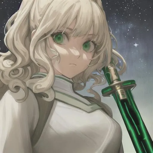 Prompt: jedi girl with blonde curly hair,white clothes and green eyes  from star wars