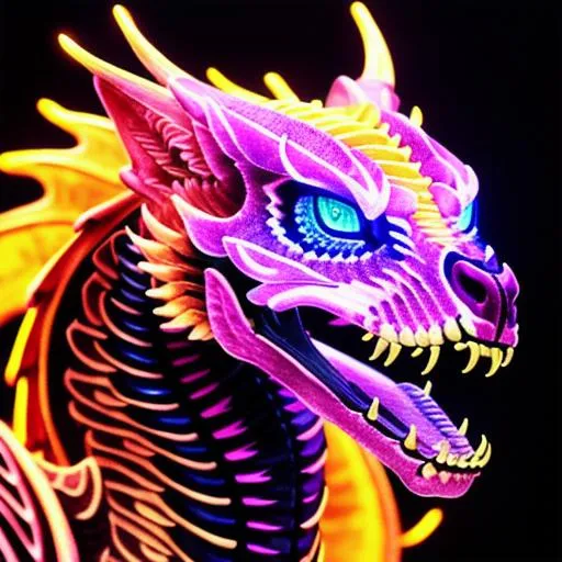 portrait of a roaring neon skeleton dragon with fang... | OpenArt