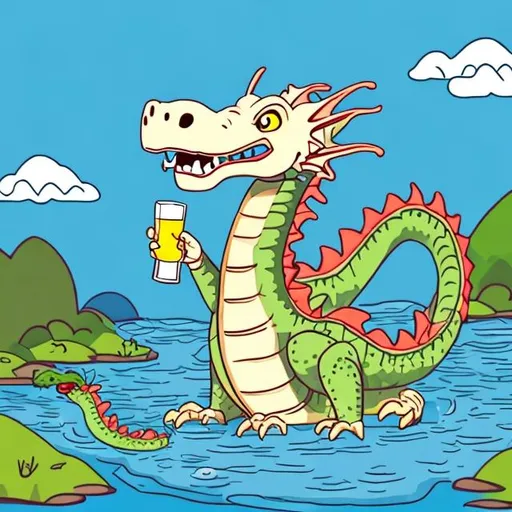 Prompt: happy dragon sitting by a river drinking a beer, cartoon