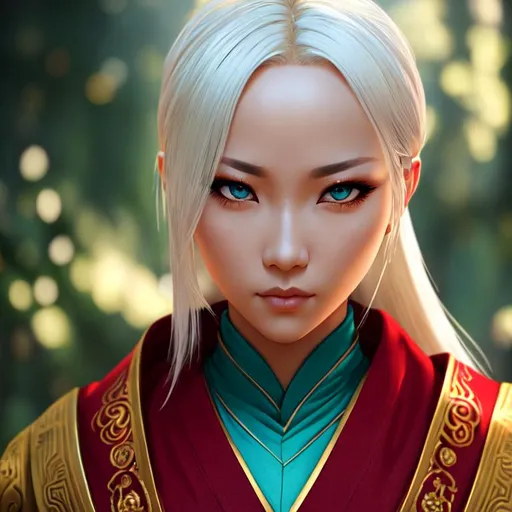 Prompt: Girl with short platinum blonde hair, big red circle dot on forehead, cinematic shot, monk, turquoise clothes, detailed face, detailed eyes, serious expression, ultra detailed asian inspired accessories, kung fu pose, amber eyes, dnd

((sunshine, very strong sunlight on face, cinematic lighting, volumetric lighting, beautiful shading, head light, back light, natural light, ray tracing, symmetrical)), (((masterpiece, professional, professional illustration))), Fantasy style,

UDR, HDR, 64k, beautiful, stunning, masterpiece