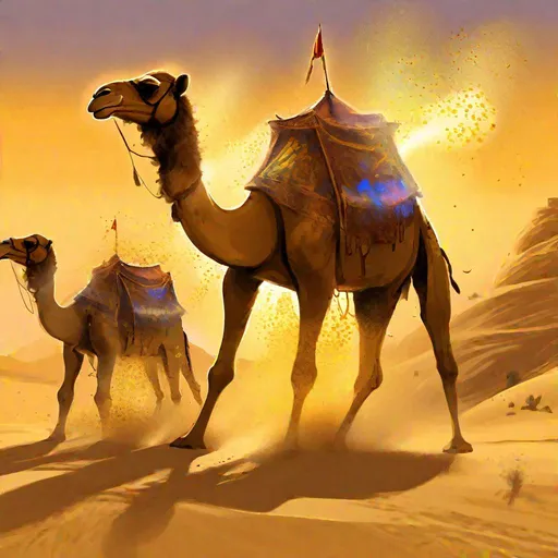 Prompt: (in Splatter art style), Sand Chaster, The Potentate bought several herds of camels in 2E 25 for delivery to Versidue-Shaie, Mirannah of Gwylim states. 'Reman desert pursuit' and 'enchanted barding like bear' are also true. Chased by glowing camels—what a sight!, splattered with sand, Masterpiece, Best Quality 