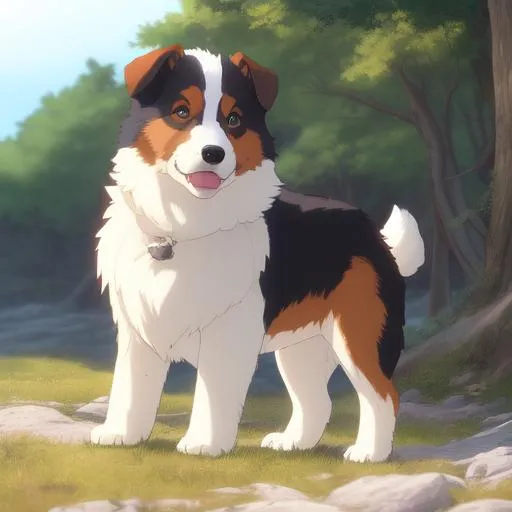 Prompt: Makoto Shinkai anime style, vivid colours, HDR, austrailian shepherd puppy, light brown and white fur,