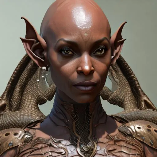 Prompt: portrait painting of a brown female elf that looks like a bald Sanaa Lathan, bald, no hair at all, bronze dragon scale patches on her skin, scales, leather armor, upper body, ultra realistic, concept art, intricate details, eerie, highly detailed, photorealistic, octane render, 8 k, unreal engine, Chesley Bonestell, Karel Thole, Jim Burns, Enki Bilal