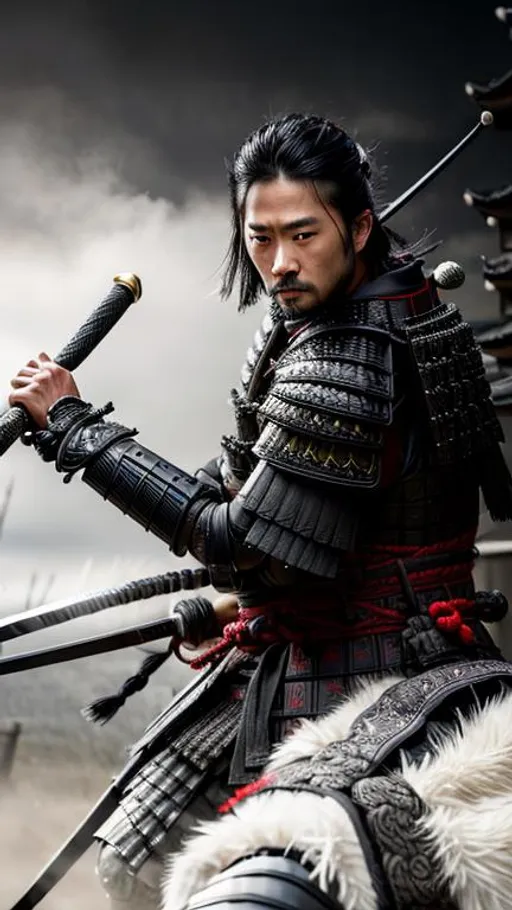 Prompt: Intricately detailed Samurai in Dark grey and Black Colored Samurai Armor, Ronin, Photorealistic, Film Quality, Filmic, Hyperrealistic, Hyperdetailed, Japanese Aesthetic, Beautiful Sword Detail, Striking eyes, Inspired by a young Hiroyuki Sanada, dynamic lighting, Striking, Action pose, Movie Quality