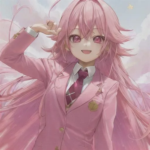 Prompt: girl, pink hair, long pink hair, Pink eyes, big pink eyes, star tattoo, stars, suit and tie, cute, adorable, happy cheerful, heart ahoge, star