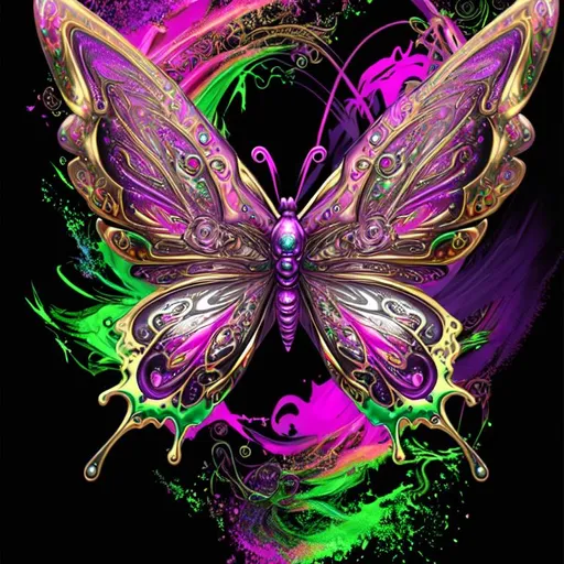 Prompt: beautiful freeform colorful chaos epic bold, 3D, HD, {one}({liquid metal {Celtic}butterfly} with {purple gold pink green red silver blood}ink), expansive psychedelic background --s99500 