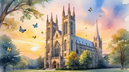 Prompt: (watercolor style), (pastel colors), Duke University Chapel, stunning sunset background, vibrant yellow butterflies fluttering, soft hues blending beautifully in the sky, dreamy and serene ambiance, ultra-detailed, calm atmosphere, captivating architectural features of the chapel, gentle reflections in the surroundings, ethereal light illuminating the scene, artistic masterpiece.