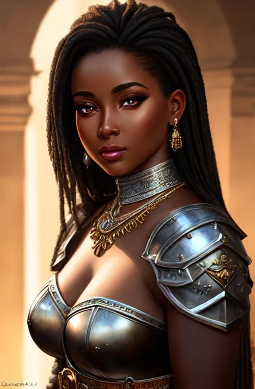 Prompt: UHD, 8k, high quality, ultra quality, cinematic lighting, special effects, hyper realism, hyper realistic, Very detailed, high detailed face, high detailed eyes, medieval, fantasy, oil painting, woman, black skin, georgeus, thick girl, cute, georgeus, cute, warrior, armor