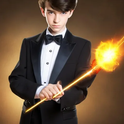 Prompt: 16 year old boy magician boy in a tuxedo holding his magic wand in a threatening manner ready to cast a spell with it