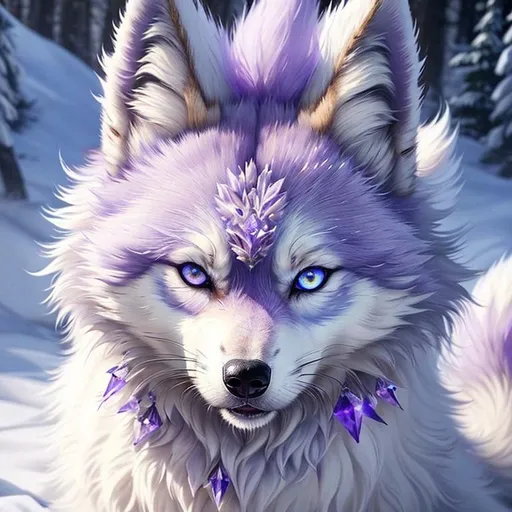 Prompt: (masterpiece, professional oil painting, epic digital art, best quality, UHD:1.5), epic ((wolf)), ice elemental, silky silver-lilac fur covered in frost, timid, ((insanely detailed alert amethyst eyes, sharp focus eyes)), gorgeous 8k eyes, fluffy silver neck ruff covered in frost, two tails, (plump), extremely beautiful, fluffy chest, enchanted, magical, finely detailed fur, hyper detailed fur, (soft silky insanely detailed fur), presenting magical jewel, moonlight beaming, starry sky, frolicking in frosted meadow, grassy field covered in frost, cool colors, professional, symmetric, golden ratio, unreal engine, depth, volumetric lighting, rich oil medium, (brilliant auroras), (ice storm), full body focus, beautifully detailed background, cinematic, 64K, UHD, intricate detail, high quality, high detail, masterpiece, intricate facial detail, high quality, detailed face, intricate quality, intricate eye detail, highly detailed, high resolution scan, intricate detailed, highly detailed face, very detailed, high resolution