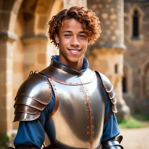 Prompt: Tall and beautiful african-american young man in his early twenties. Curly copper hair. Bluebell blue eyes. Freckles, has a scar. boyish smile, his face looks like model Cameron Dallas. Detailed knight armor, realistic, natural lighting, inside a castle, medieval setting.