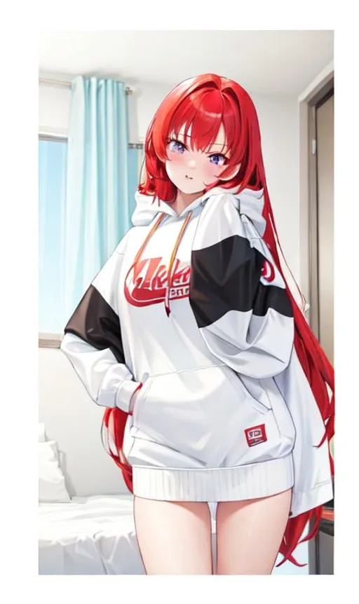 Prompt: Haley (bright red hair) blushing, 8k, UHD, highly detailed, best quality, wearing an oversized hoodie that goes past her thighs, in the bedroom