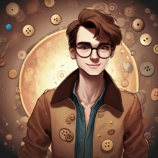 Prompt: A man with brown hair and glasses, he has lots of buttons on his jacket, dancing on the planet Pluto