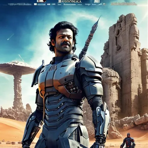 Prompt: Movie poster of Prabhas in a high tech suit in middle of a futuristic desert with ruins of a giant robot hand  