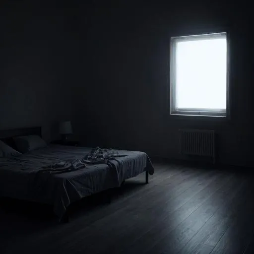 Prompt: A glowing demon in a dark room standing in front of a bed, fog on the floor, right a small window where a little bluish light shines through, digital art