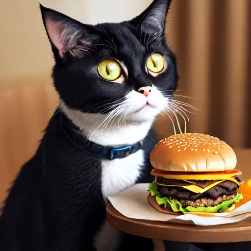 Prompt: a gentleman cat eating a cheese burger in such distinguished manners, OM-D E-M5 Mark III, M.Zuiko Digital ED 12–40mm, F2.8 PRO, 1/50sec, F9, ISO64, by sophie andreson