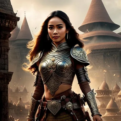 Prompt: full body, pretty young Indonesian woman, 25 year old, (round face, high cheekbones, almond-shaped brown eyes, small delicate nose), intricate medieval armor, concept art by Basuki Abdullah, cgsociety, sumatraism, backdrop castle under siege, movie still, reimagined by industrial light and magic, movie poster, masterpiece, intricate detail