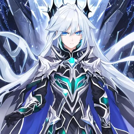 Prompt: Dark asassin cloak,crystal blue eyes, long silver and emerald hair,galactic background, 8k, he,