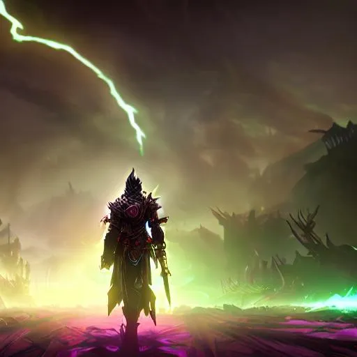 Prompt: glowing divine lord of darkness walking through a battlefield of dead soldiers towards the deathweaver tree. dark lightning