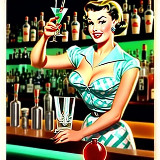 Prompt: 1950's pin up, bartender, holding a shaker glass, martini on the bar, 